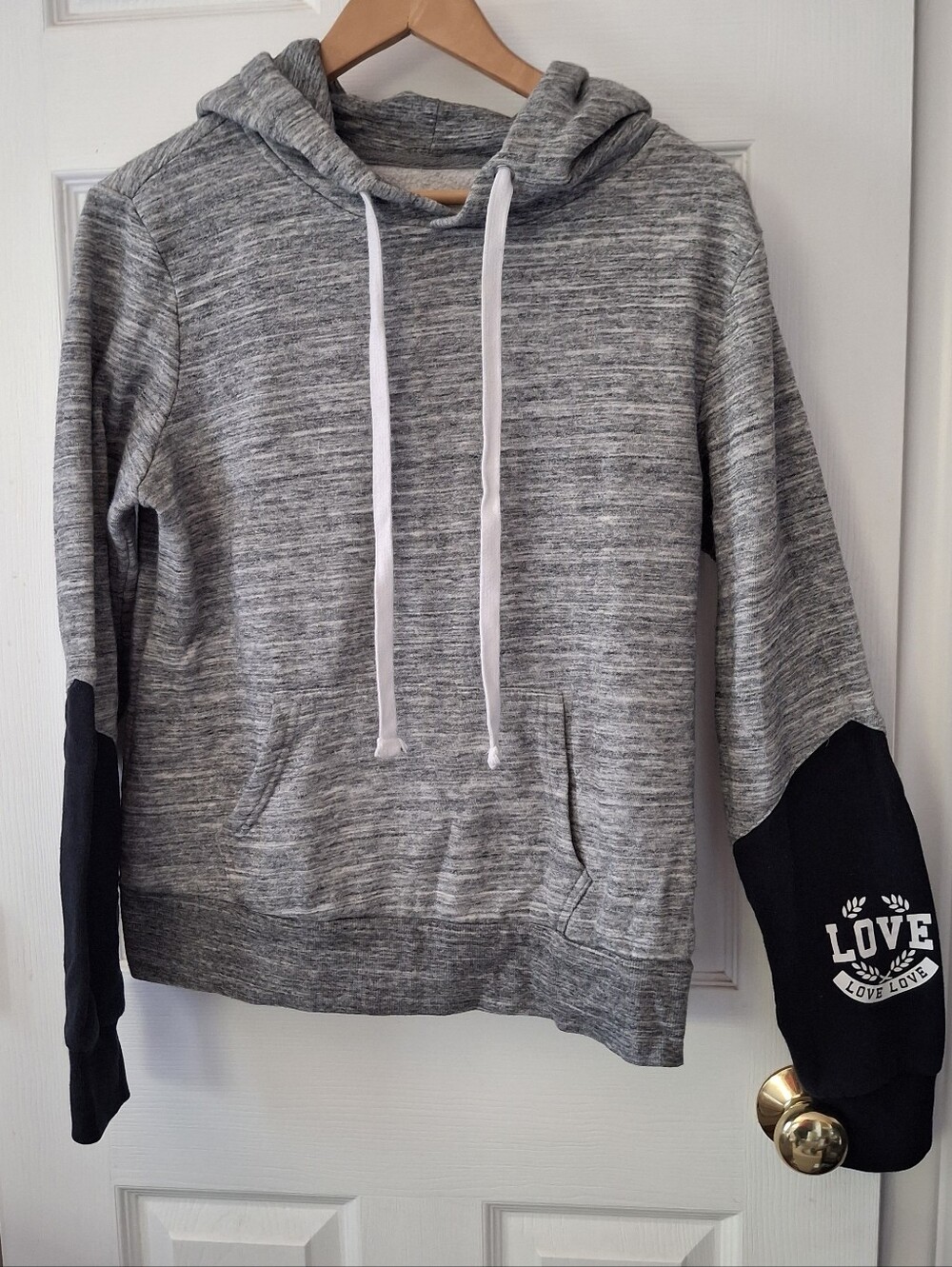 Reflex Heathered Gray Black Sequined LOVE Hoodie Sweatshirt Womens Sz L Bling